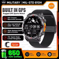 Rugged GPS sports watch with black mesh band on a promotional background