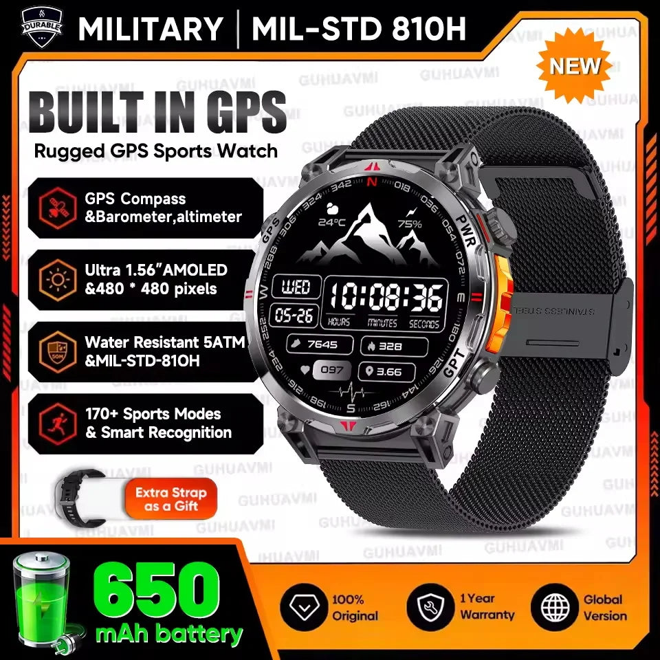 Rugged GPS sports watch with black mesh band on a promotional background