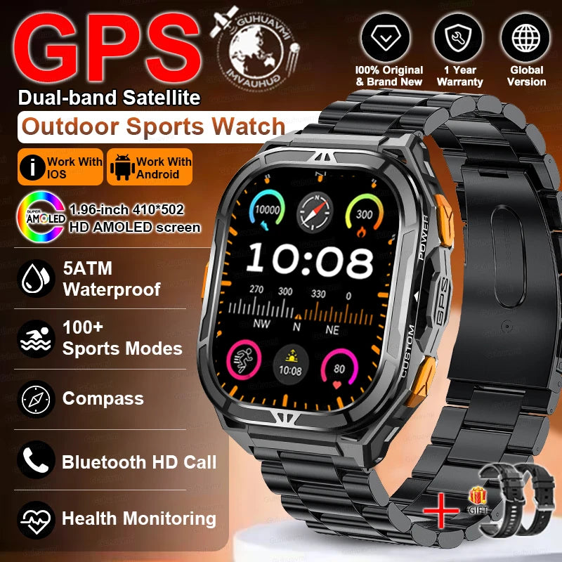 Outdoor sports watch with GPS and multiple features on a brown background