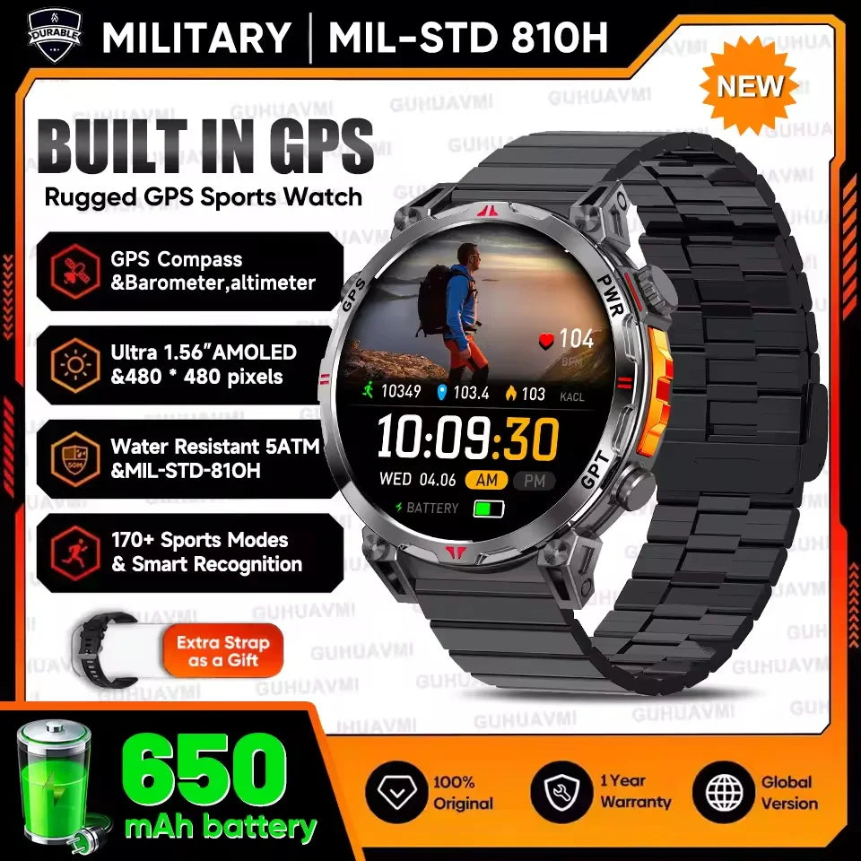Rugged outdoor GPS smartwatch with AMOLED display and metal strap, showing heart rate and fitness data, featuring 5ATM waterproof design, compass, and Bluetooth connectivity for active use
