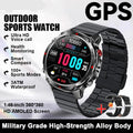 Smartwatch with black band on a white background, featuring text about its features.