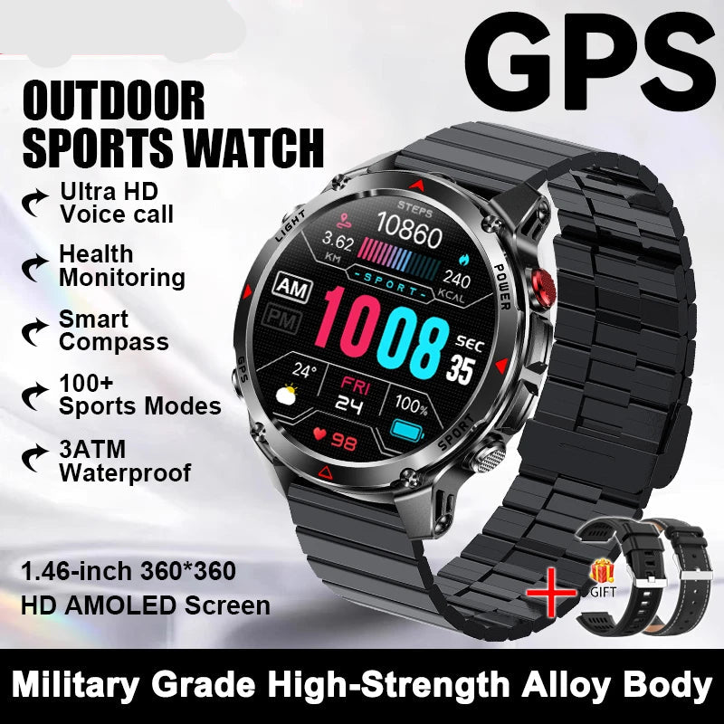 Smartwatch with black band on a white background, featuring text about its features.
