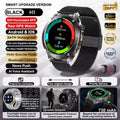 Smartwatch with features listed on a promotional graphic