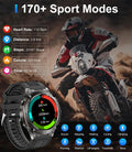 Smartwatch display with sports mode features and a rider on a dirt bike in the background