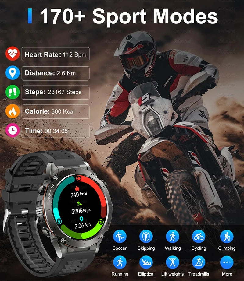 Smartwatch display with sports mode features and a rider on a dirt bike in the background