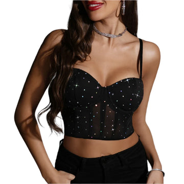 Women's Mesh Stitching Sequin Crop Top - Slim Fit Y2K Corset Bustier, Party Clubwear Summer Streetwear