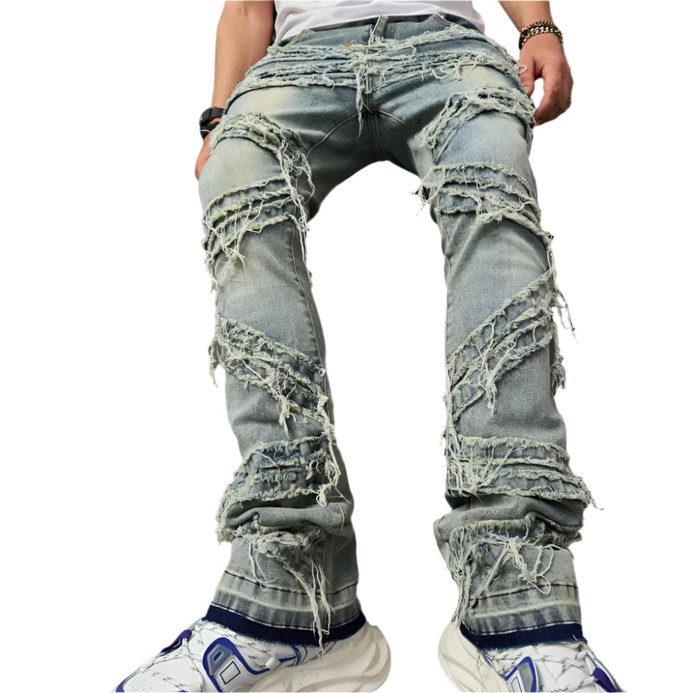 Men's Distressed Stitching Jeans - Retro Fashion Hip-Hop Elastic Denim Pants for European & American Streetwear