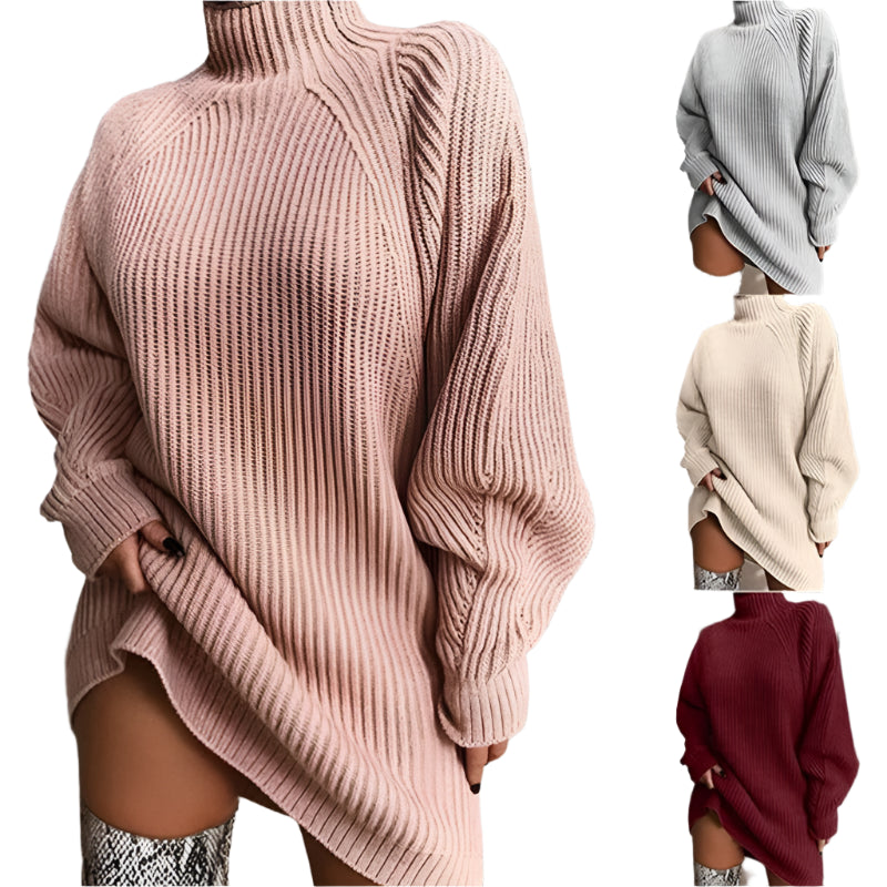 Autumn/Winter Knitted Sweater Dress - Stylish and Sexy Medium-Length Long Sleeve High Collar Dress for Women