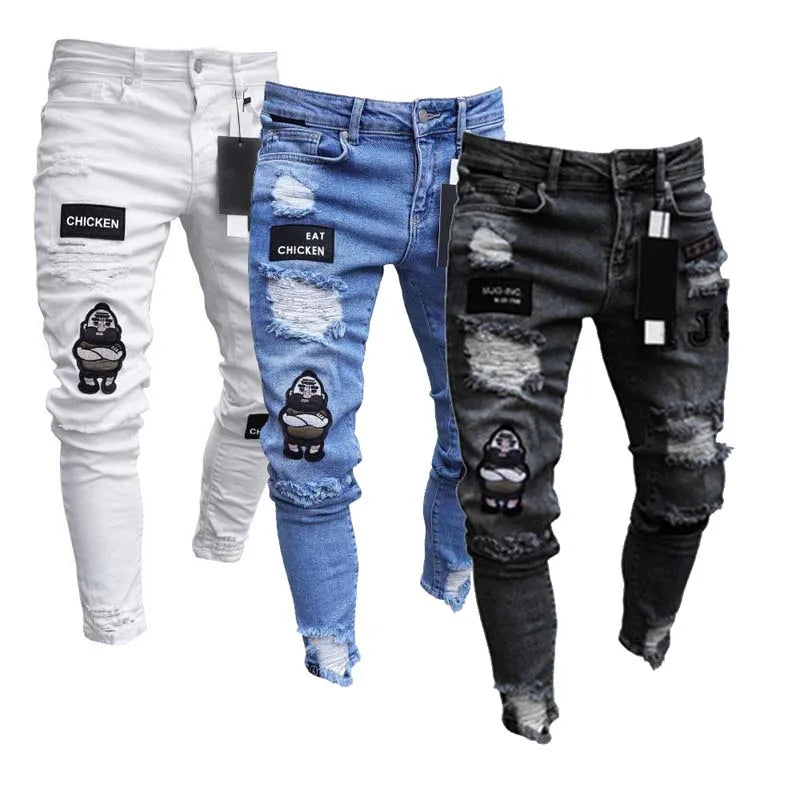 Men's White Stretch Embroidered Skinny Jeans - Ripped Hip Hop Denim Pants, Slim Fit Oversize Style