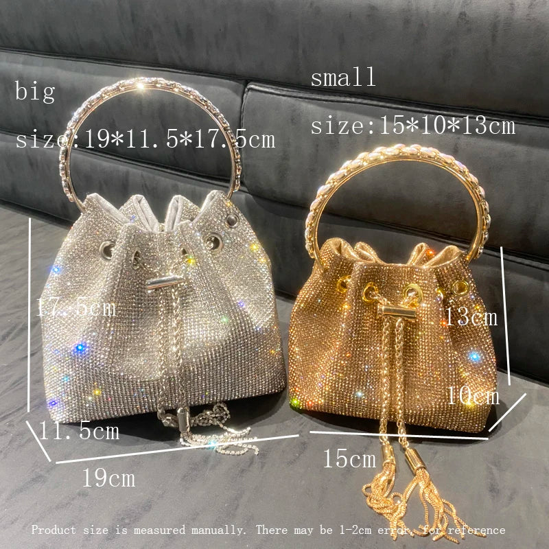 Luxury Designer Crystal Rhinestone Evening Clutch - Women's Bucket Shoulder Bag for Parties & Banquets