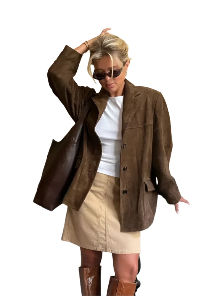 Elegant Brown Suede Jacket for Women – Lapel Collar, Long Sleeve, Single-Breasted with Pockets, Office-Ready Autumn Coat