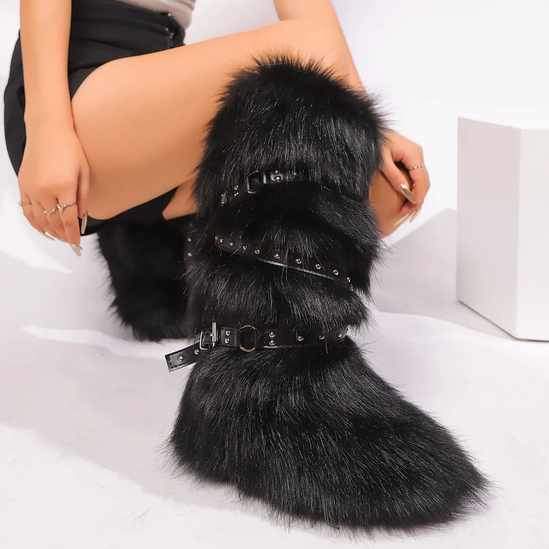 Women’s Winter Raccoon Fur Snow Boots - Y2K Cool Pink Mid-Leg Outdoor Fur Shoes, Stylish One-Piece Design