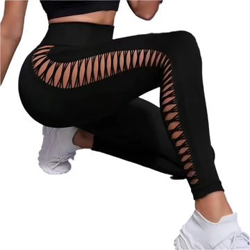 Solid Color High-Waist Yoga Pants – Hip Lift Seamless Fitness Leggings with Side Hollow Design