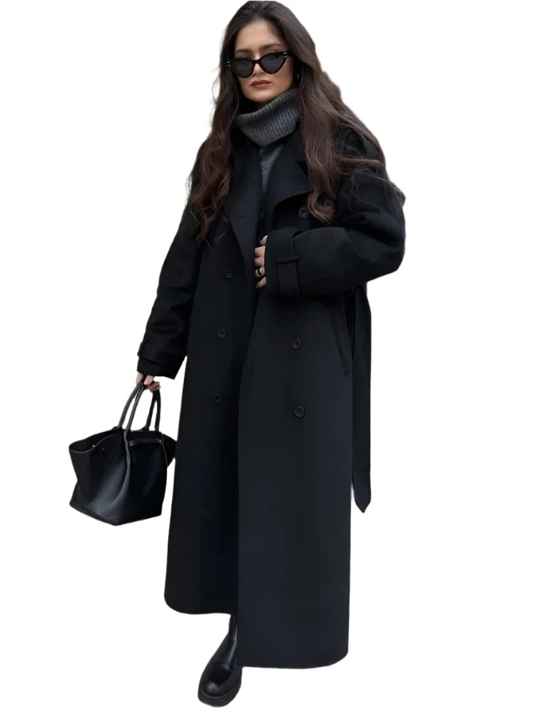 Women's Oversized Black Woolen Long Coat with Belt – Loose Fit Double-Breasted Lapel Overcoat, High Street Autumn Fashion