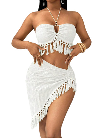 Women’s Tassel Bikini Set – Sexy Halter Top & High-Slit Skirt Two-Piece Swimwear Beach Bathing Suit