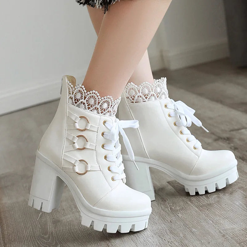 Women's Stylish Motorcycle Boots – Winter Lace-Up Ankle Boots with High Heels and Buckle, Platform Sexy Botas