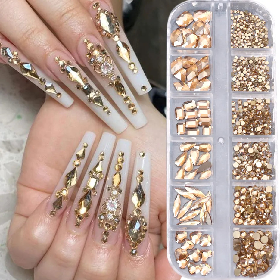 720/1000pcs Champagne Nail Art Rhinestones, 5/10pcs Shaped Gems, 75/120pcs Mini Diamonds Mixed Sizes Flat-Back Luxurious Crystal RH4