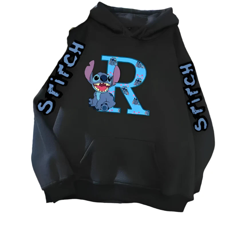 Women's Winter Disney Lilo & Stitch Hoodie - Kawaii Lucky Letter Print Black Jacket, Fashion Streetwear for Couples