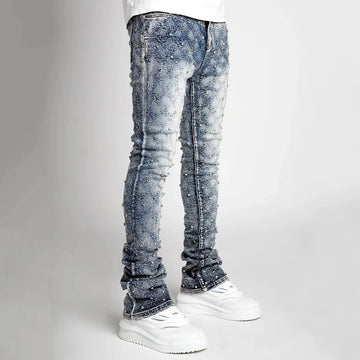 Men’s Blue Stretch Skinny Jeans – 2025 Fashion, Rhinestone Stacked Denim with Pearl Detail