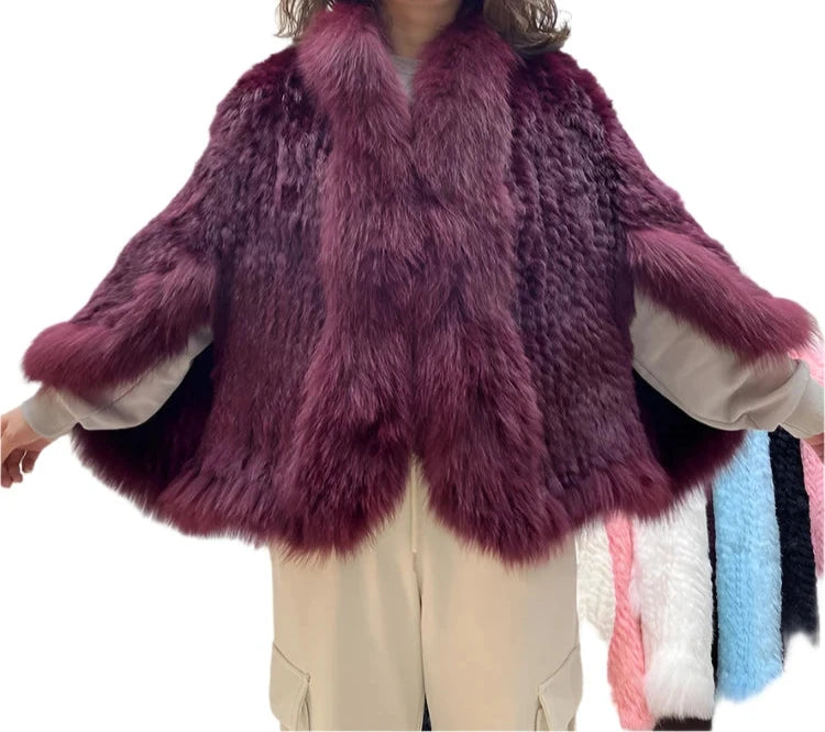 Luxury Women's Knitted Rabbit Fur Bat Shirt Coat with Real Fox Fur Collar – Stylish Outerwear