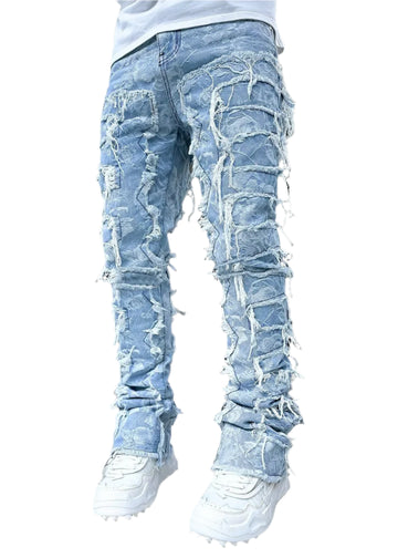 Men's Stacked Ripped Jeans – Slim Fit Patchwork Distressed Denim Pants
