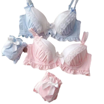 Kawaii Lolita Push Up Ruffle Bra & Panties Set - Cute College Girl Lingerie Briefs