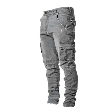 Men's Slim Fit Multi-Pocket Stretch Denim Cargo Pants - Solid Color Skinny Jeans for Autumn & Winter