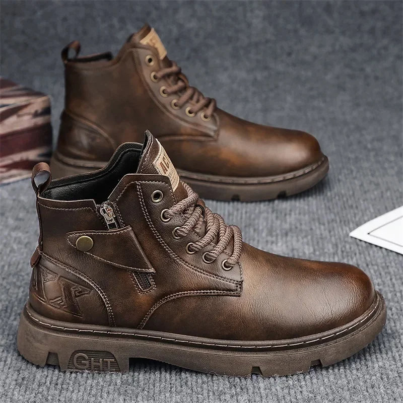 Men's Retro Leather Biker Boots - Wear-Resistant Winter High-Top Motorcycle Shoes, Casual All-Match Outdoor Footwear