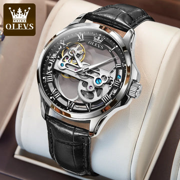 OLEVS Men's Skeleton Automatic Mechanical Watch – Full Transparent Flywheel Design, Leather Strap, Luxury Original Wristwatch