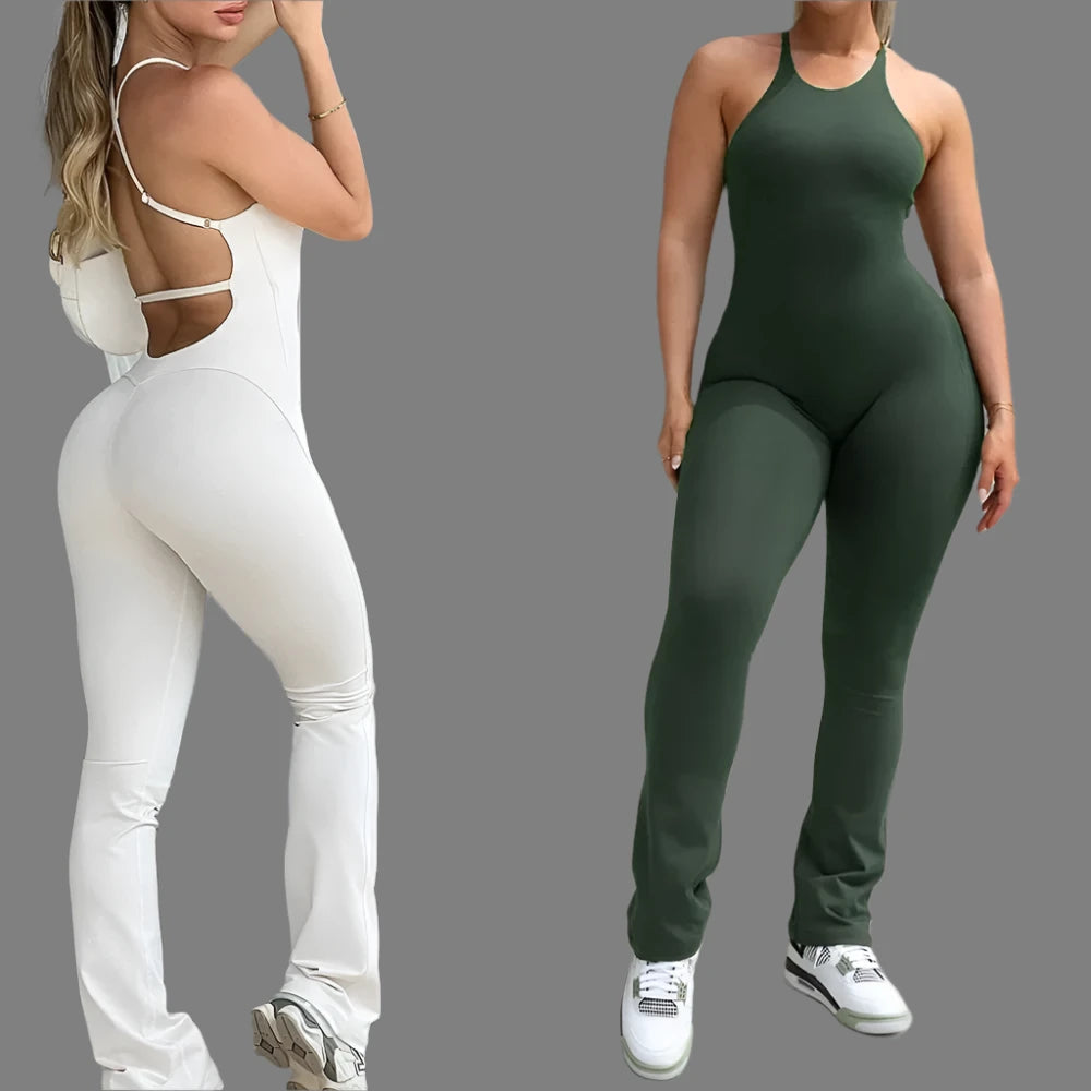 2024 Women's Nylon Pad Bunny Fitness Yoga Set - Flared Leggings & One-Piece Jumpsuit Bodysuit for Workout & Activewear