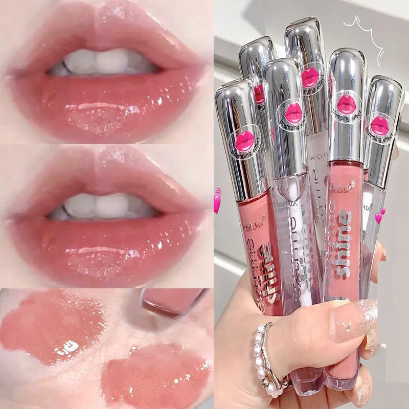 Shiny Lip Gloss with Mirror - Water Glossy Lip Glaze, Lasting Liquid Lipstick, Clear Glitter Primer, Aqua Glowing Lip Oil. Cosmetics