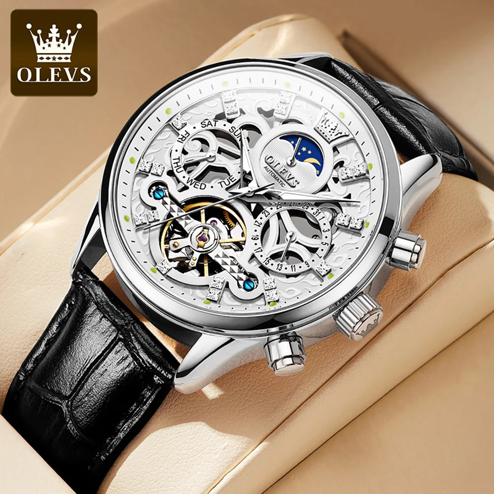 Olevs Men's luxury automatic mechanical watch – hollow-out skeleton design, waterproof luminous dial, genuine leather strap business wristwatch