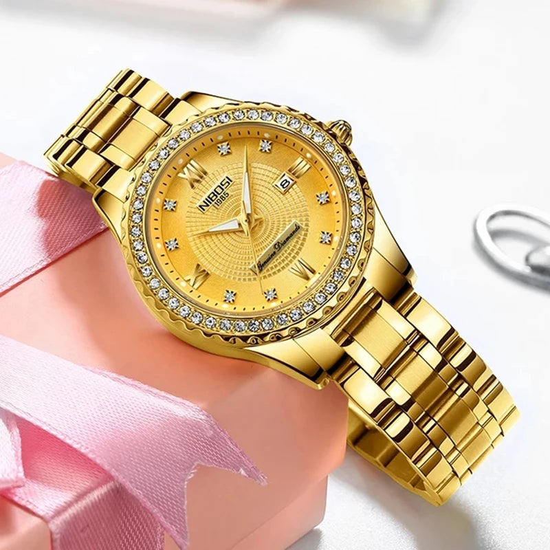 Luxury Women's Gold Quartz Watch - Stainless Steel, Waterproof, Date Display, Fashion Diamond Design, Relogio Feminino