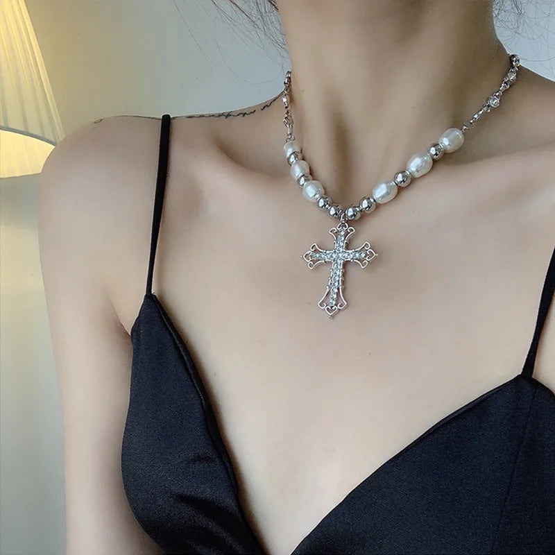 Artificial Diamond Cross Pendant Pearl Personality Cool Wild Collarbone Chain Necklace, a stylish and unique gift.