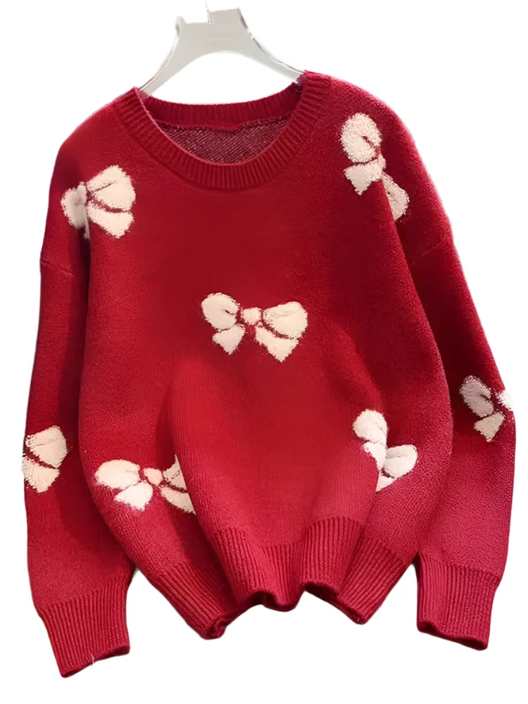 Women's Red Christmas Sweater - Loose Fit Knitted Pullover, Bow Detail, Korean Fashion Long Sleeve Kawaii Jumper