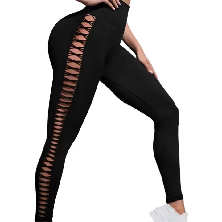 Solid Color High-Waist Yoga Pants – Hip Lift Seamless Fitness Leggings with Side Hollow Design