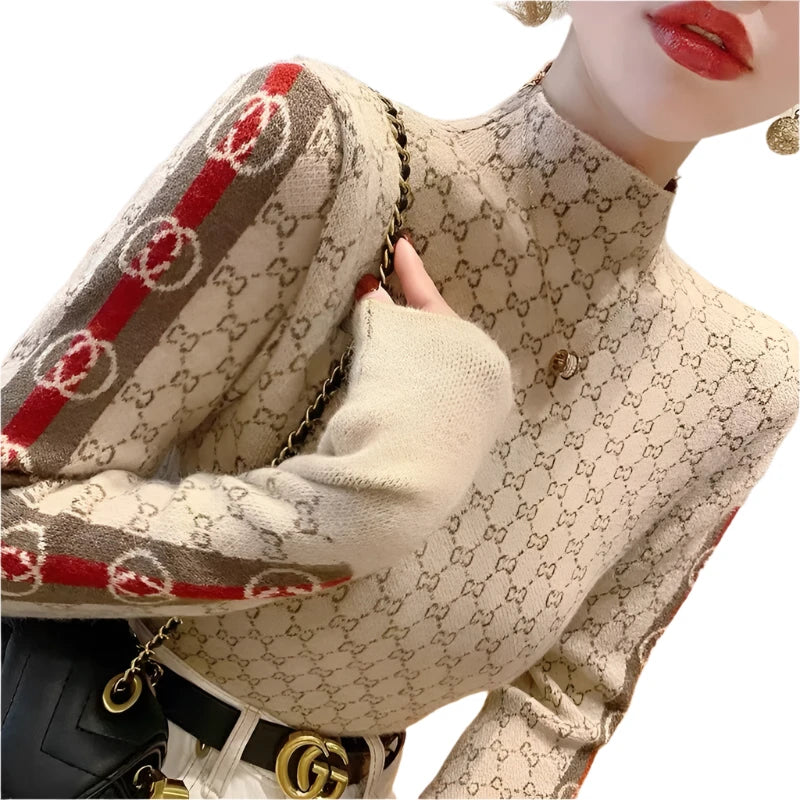 Women's Chic Letter Jacquard Sweater - Half High Collar Slim Fit Wool Knitwear Pullover for Autumn & Winter Fashion