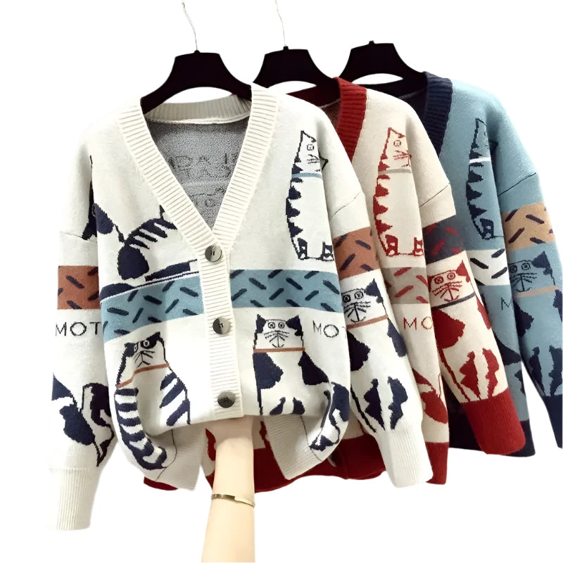 Cartoon Contrast Color Women’s V-Neck Knitted Cardigan – Trendy Spring and Autumn Sweater Coat