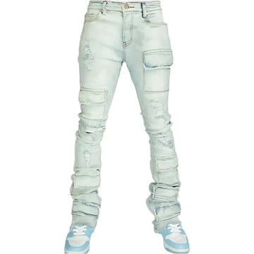 Y2K Men’s Streetwear Jeans - Vintage Ripped Patchwork Cargo Pants with Pockets, Slim Fit Pleated Solid Denim for Spring & Fall