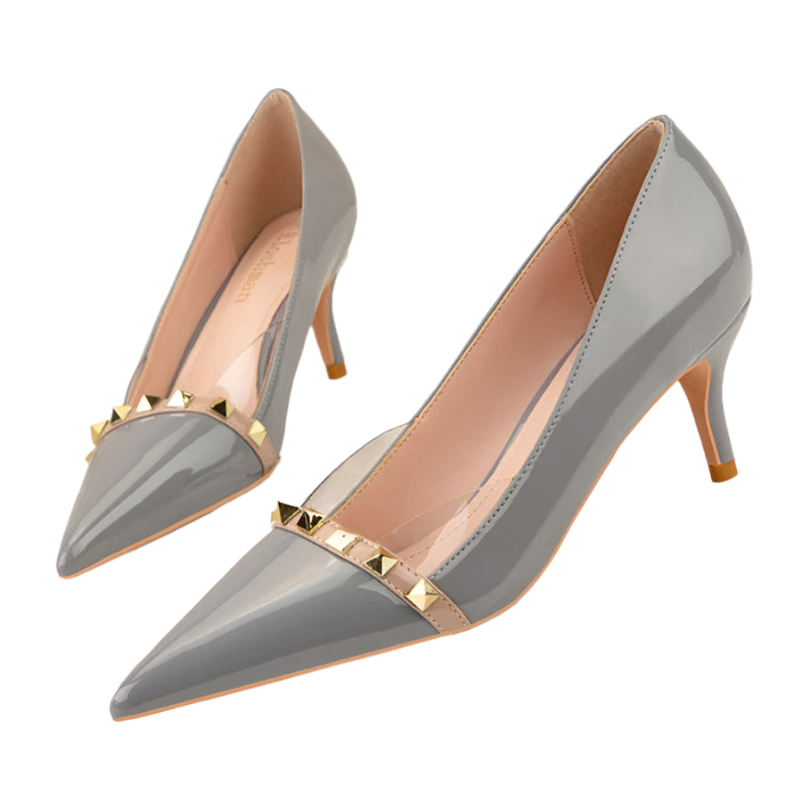 Women's Fashion Rivet Patent Leather Pointed Toe High Heels – Transparent Slimming Pumps for Spring, Office, Party & Dress Shoes