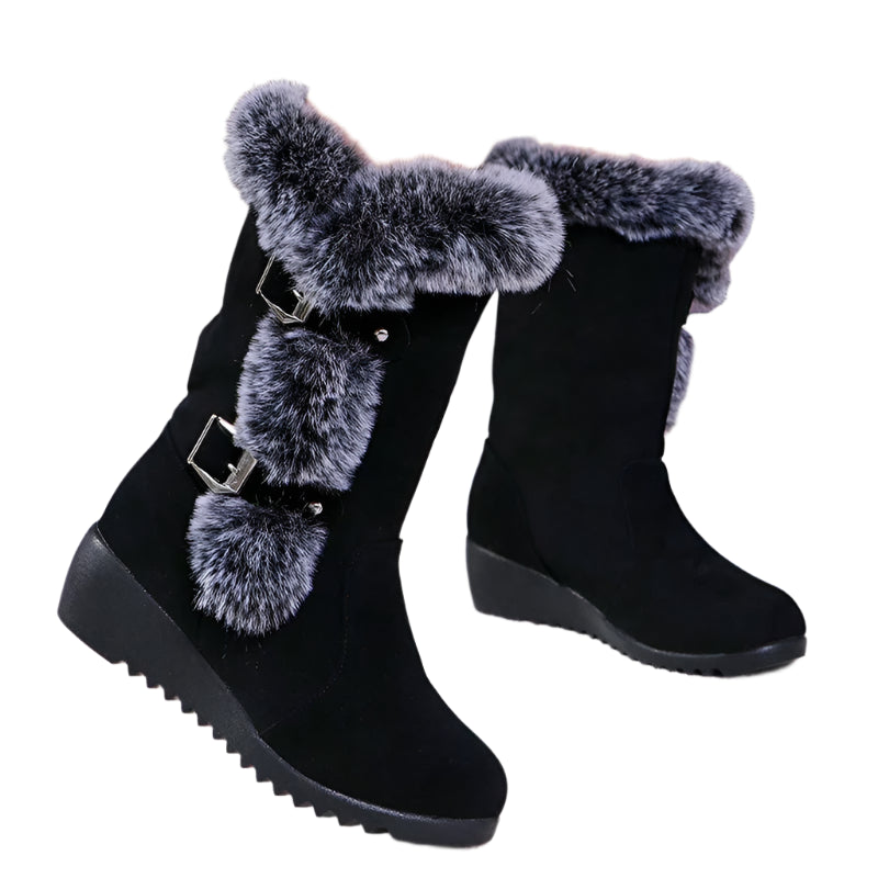 Women's Wedge-Heeled Snow Boots - Fashionable Buckle Design Faux Fur Mid-Calf Comfortable Thicken Plush Winter Boots