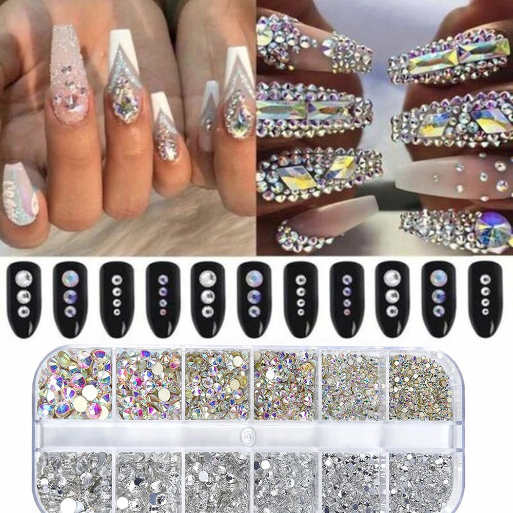 Nail Art Rhinestones Kit: 2400pcs AB Flatback Rhinestones Gems Stones with Storage Organizer for Bright Holiday Designs