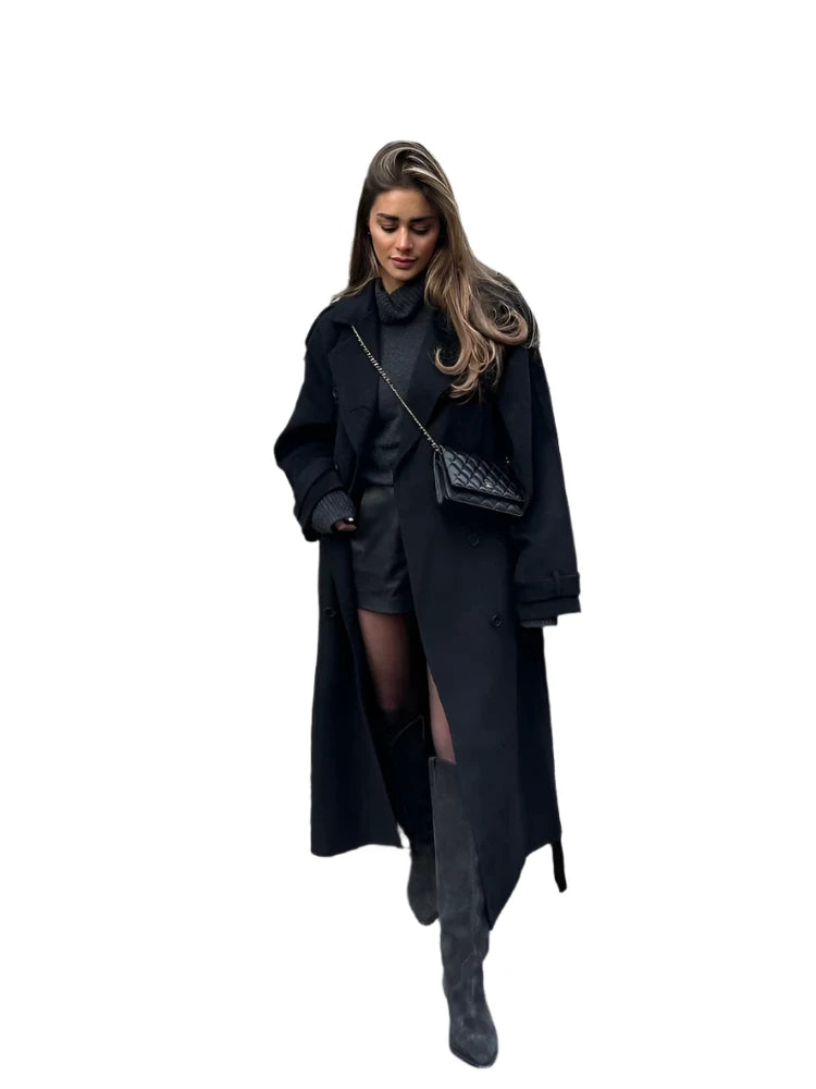 Women's Oversized Black Woolen Long Coat with Belt – Loose Fit Double-Breasted Lapel Overcoat, High Street Autumn Fashion