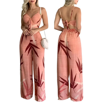 Women's Tropical Print Spaghetti Strap Top & High Waist Pants Set – Casual Lace-Up Back, 2-Piece Suit