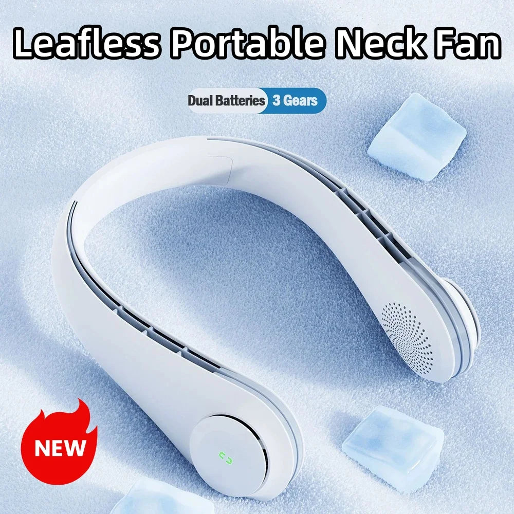 2024 New Portable Leafless Neck Fan - 3-Gear Adjustable, Fast Cooling, 3600mAh, Mute, Powerful Silica Gel Turbofan