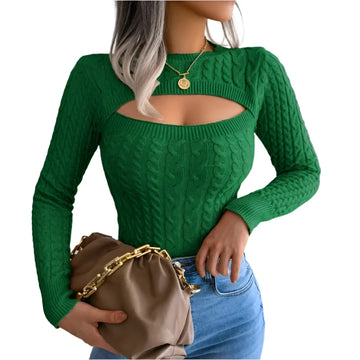 Women's Hollow Out Long Sleeve Sweater - Round Neck, Solid Color, Autumn Winter Fashion, Slim Fit Knitwear