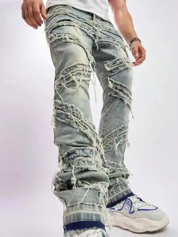 Men's Distressed Stitching Jeans - Retro Fashion Hip-Hop Elastic Denim Pants for European & American Streetwear