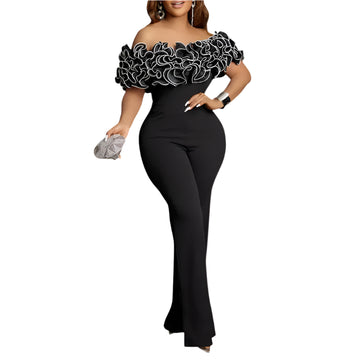 Women's Sexy Off Shoulder Ruffles Decor Skinny Flare Leg Jumpsuit – Stylish and Elegant, Perfect for a Night Out or Special Occasion