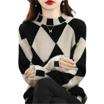 Women's Lattice Sweater - Half High Neck, Long Sleeve, Versatile Commuter Style, Autumn Winter Fashion