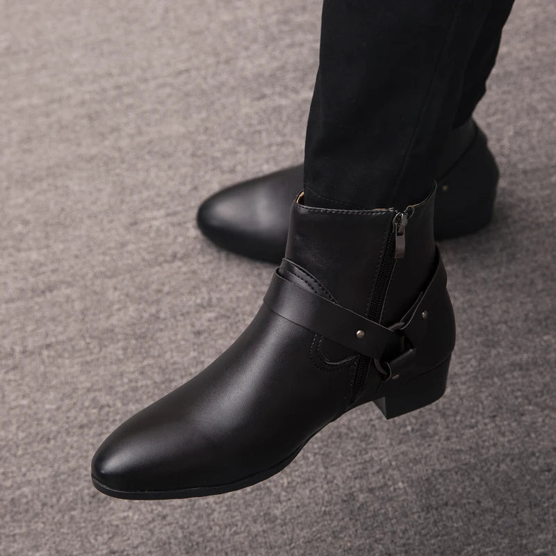 Hot Sale Chelsea Men Boots Low Top Leather Shoes Fashion New Brand High Heels Ankle Boots Side Zipper Handmade Men Casual Shoes